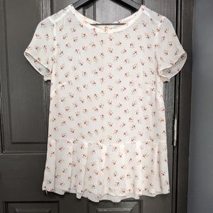 LOFT White and Pink Floral Print Peplum Top